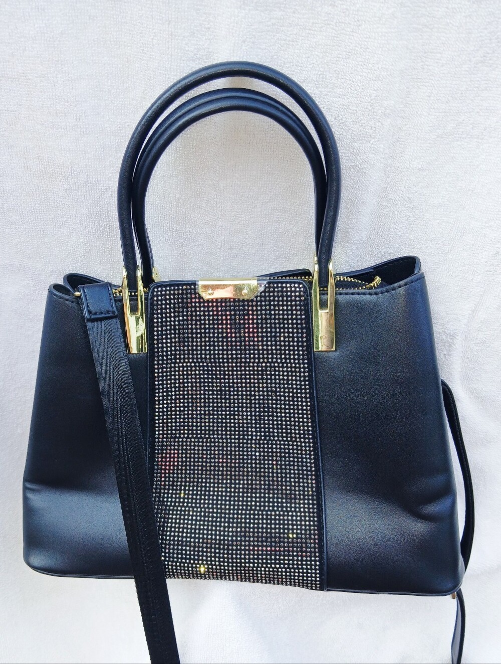 Black Rhinestone Accent Shoulder Satchel with Gold Hardware